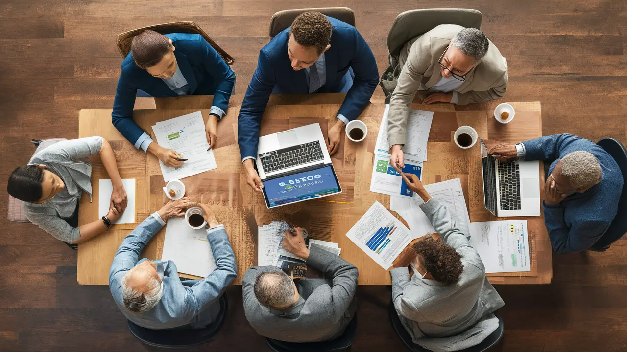 Profissionais em escritório reunidos em torno de mesa de madeira com laptops e papéis.