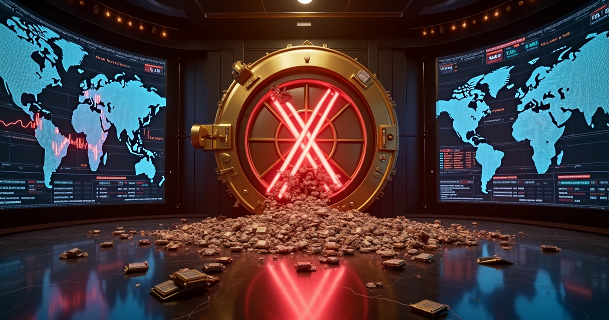 Cofre digital dourado rompido com chips de IA e gráficos de bolsa em queda