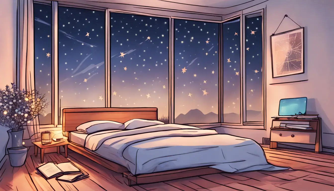 Quarto moderno ao anoitecer com cama arrumada, livro e máscara de dormir sobre o criado-mudo, e despertador marcando 22h00.
