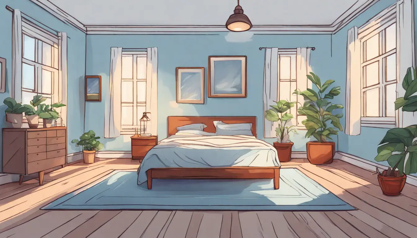 Quarto sereno com cama grande no centro, lençóis brancos, criado-mudo de madeira com abajur pequeno e planta em vaso ao lado da cama.
