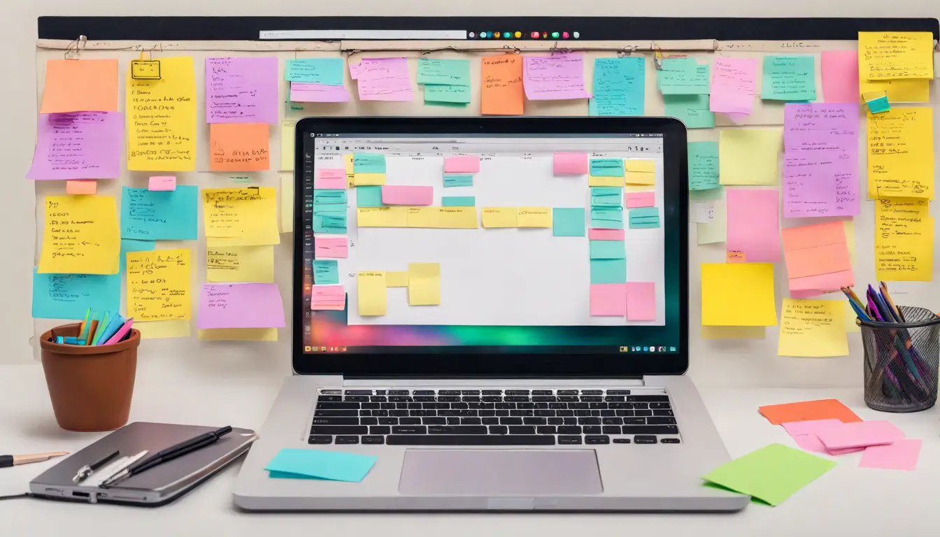 Imagem de uma mesa de escritório mostrando um laptop aberto com o Notion, ao lado de post-its coloridos organizados em colunas de Scrum e Kanban.