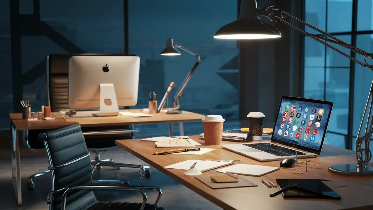 Dois escritórios, um organizado com ferramentas de trabalho e outro com laptop e ícones de redes sociais.