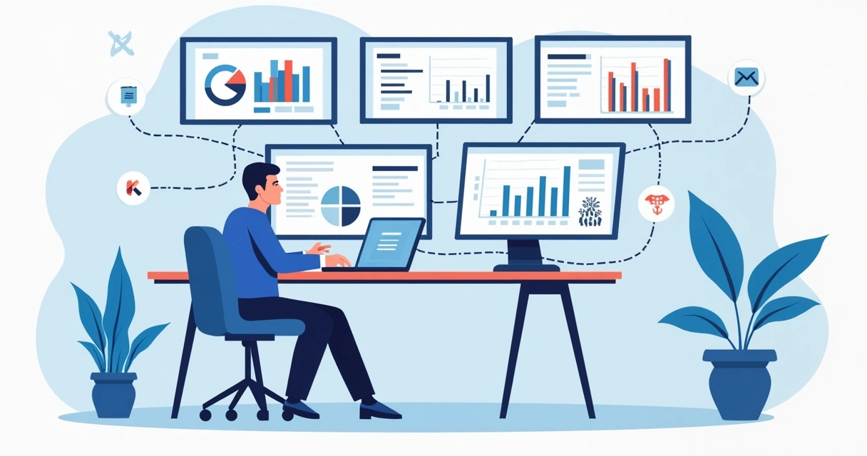 Ilustração corporativa mostrando um gerente analisando relatórios automáticos em telas digitais conectadas com fluxos e bancos de dados no Notion