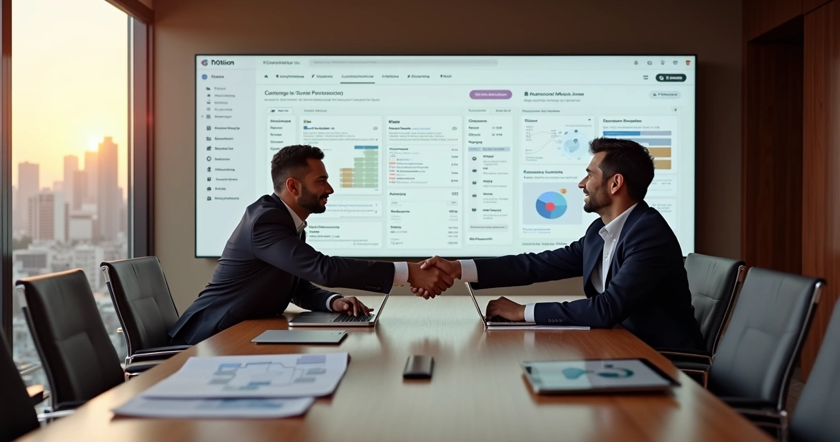 Executivo brasileiro aperta a mão de consultor em frente a tela com workspace Notion corporativo