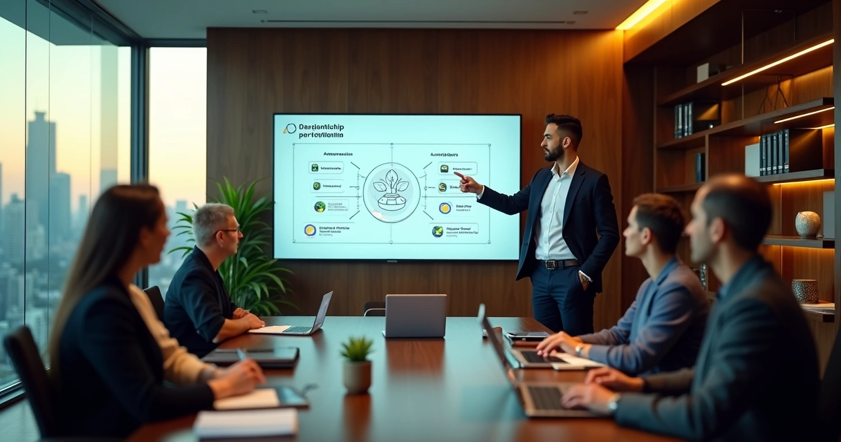 Consultor apresenta parceria Notion para empresa em reunião de negócios no Brasil