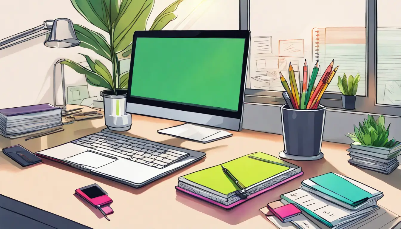 Escritório moderno com laptop prateado, pastas coloridas, agenda semanal aberta, smartwatch e planta verde, iluminados por luz solar filtrada.
