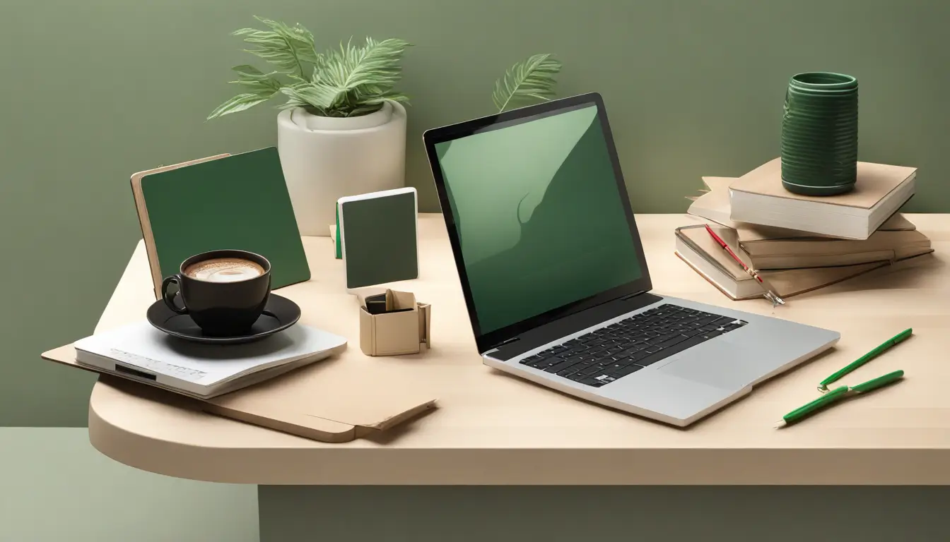 Escritório moderno com mesa de madeira clara, laptop exibindo Notion, bloco de notas, caneta, smartphone, xícara de café, estante de livros e planta verde.