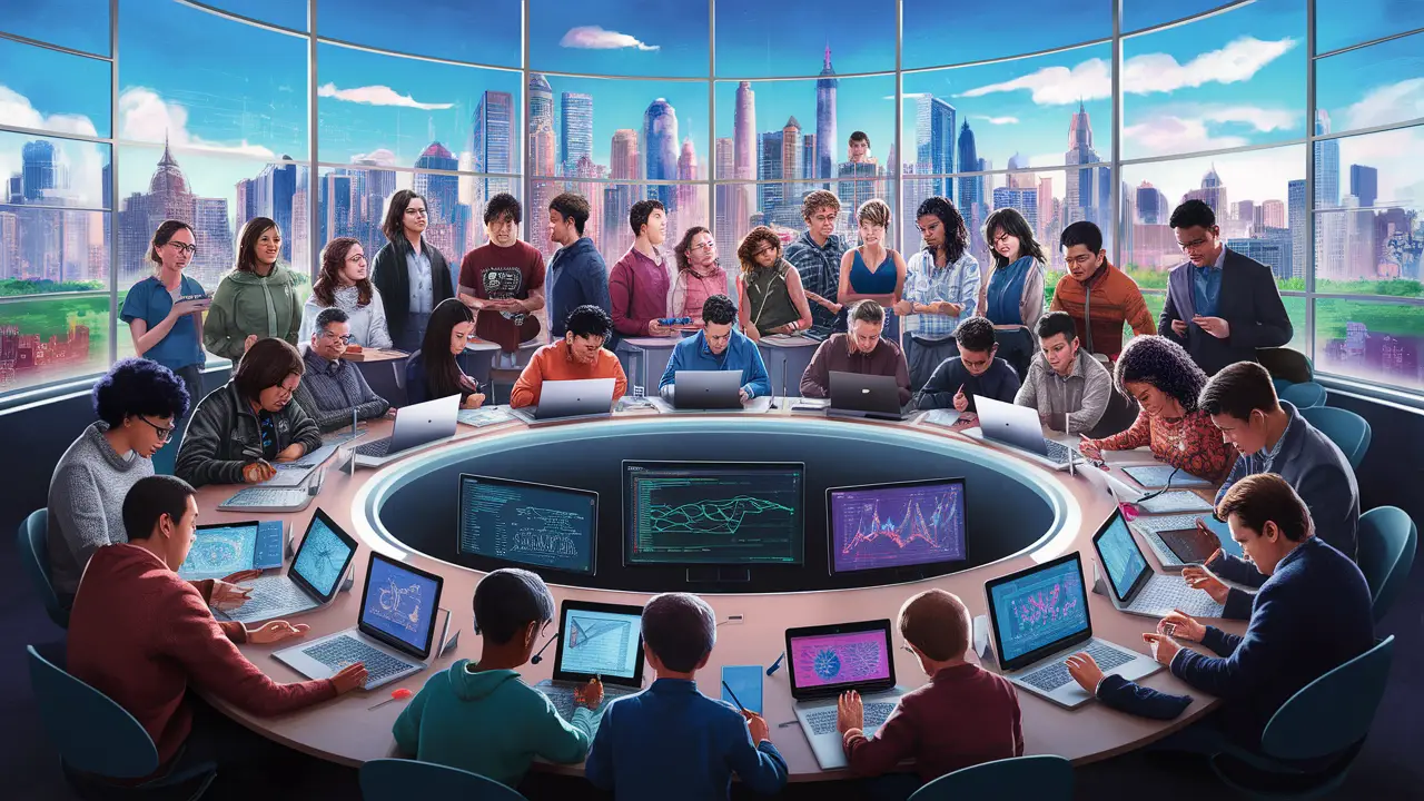 Estudantes de diferentes idades e origens em uma sala de aula moderna com laptops e tablets em frente a janelas grandes.