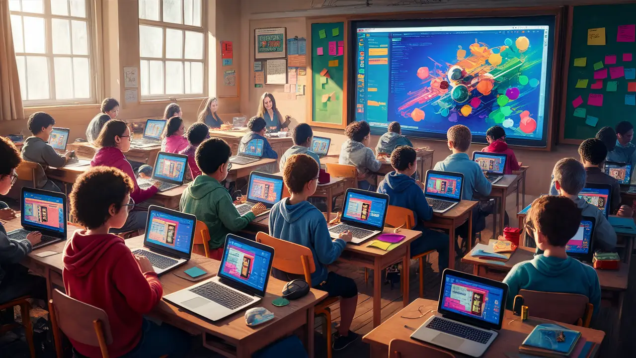 Estudantes em sala de aula usando laptops com interfaces Notion coloridas e tela digital ao fundo.