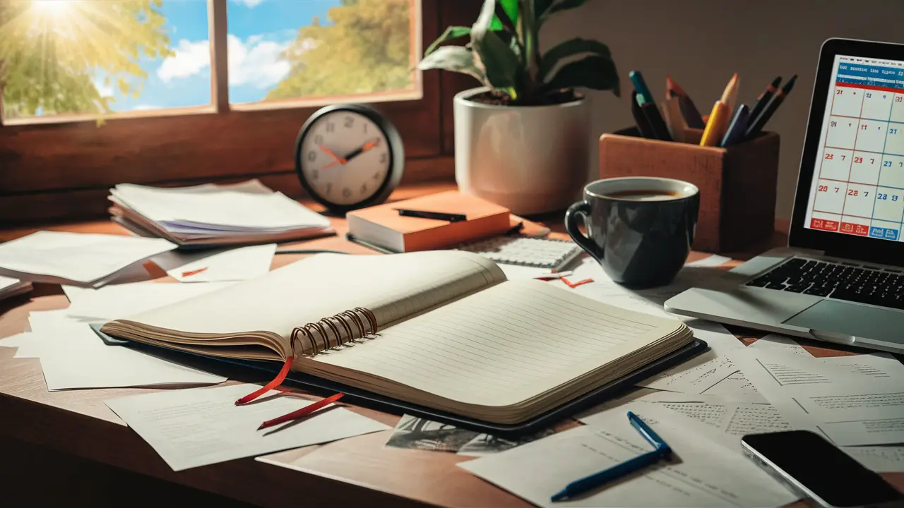 Secretária desordenada com notebook, papéis, relógio marcando 15h, café, laptop com calendário, planta ao fundo.