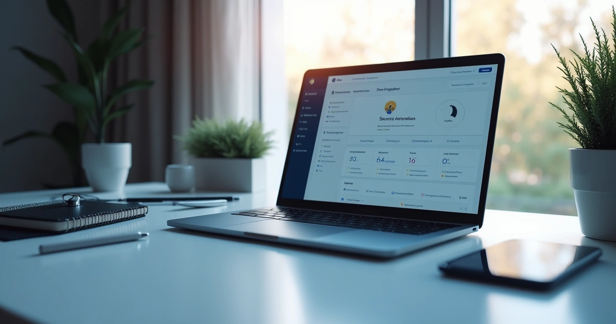 Mesa de trabalho elegante com laptop aberto mostrando dashboard seguro do Notion, ambiente sofisticado e iluminado com luz natural, elementos modernos de tecnologia ao redor, detalhes em tons neutros e azuis