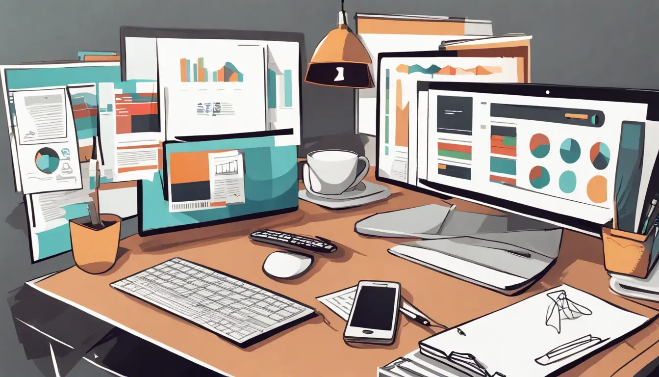 Imagem de um escritório com monitor exibindo gráficos financeiros, itens de escritório e uma xícara de café, ilustrando produtividade no Notion.