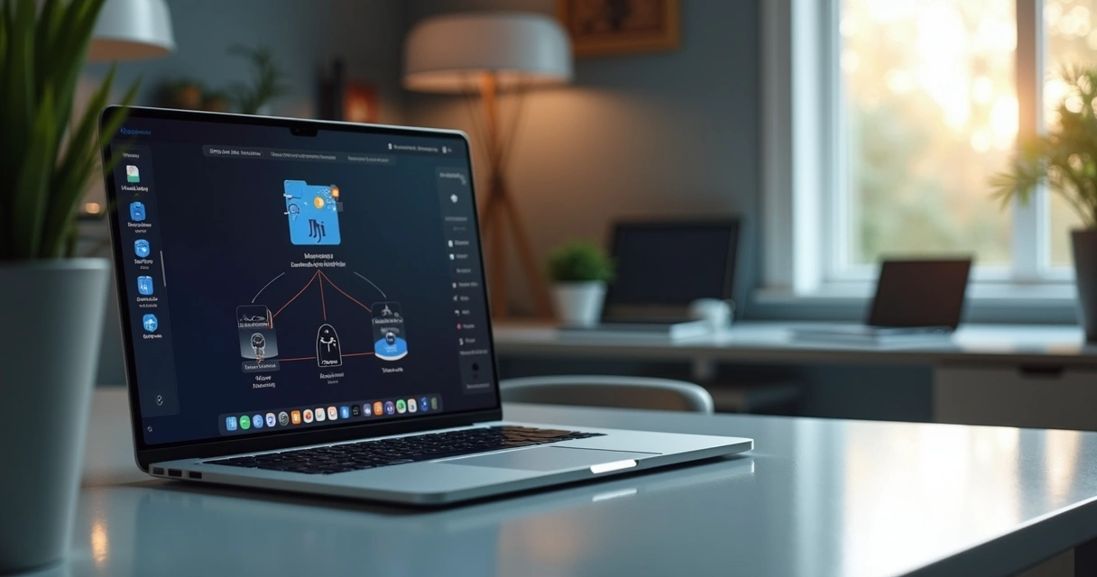 Laptop aberto mostrando interface do Notion com ícones de sincronização e conectividade offline
