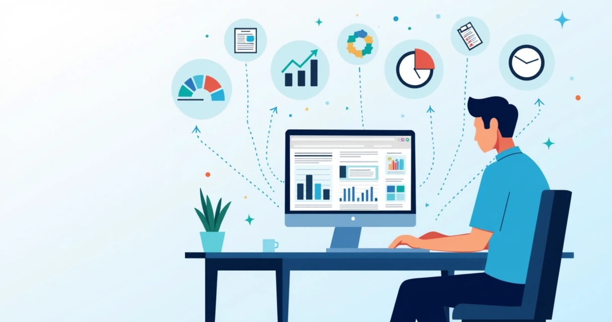 Ilustração corporativa plana de uma pessoa usando sistema digital de estudos no computador com ícones de organização, fluxos e notas ao redor