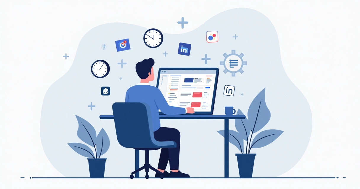 Ilustração corporativa flat de uma pessoa organizando planejamento de redes sociais em computador com interface do Notion exibida na tela