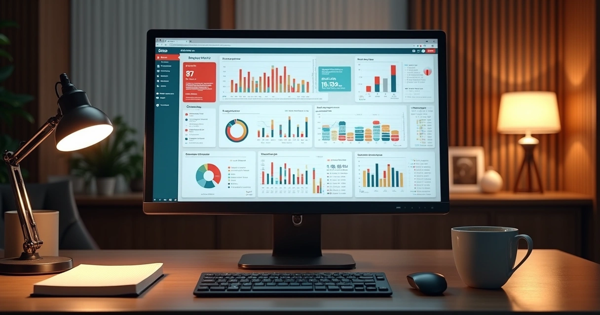Computador moderno exibindo painel complexo de software de gestão de projetos com gráficos e alertas de revisão