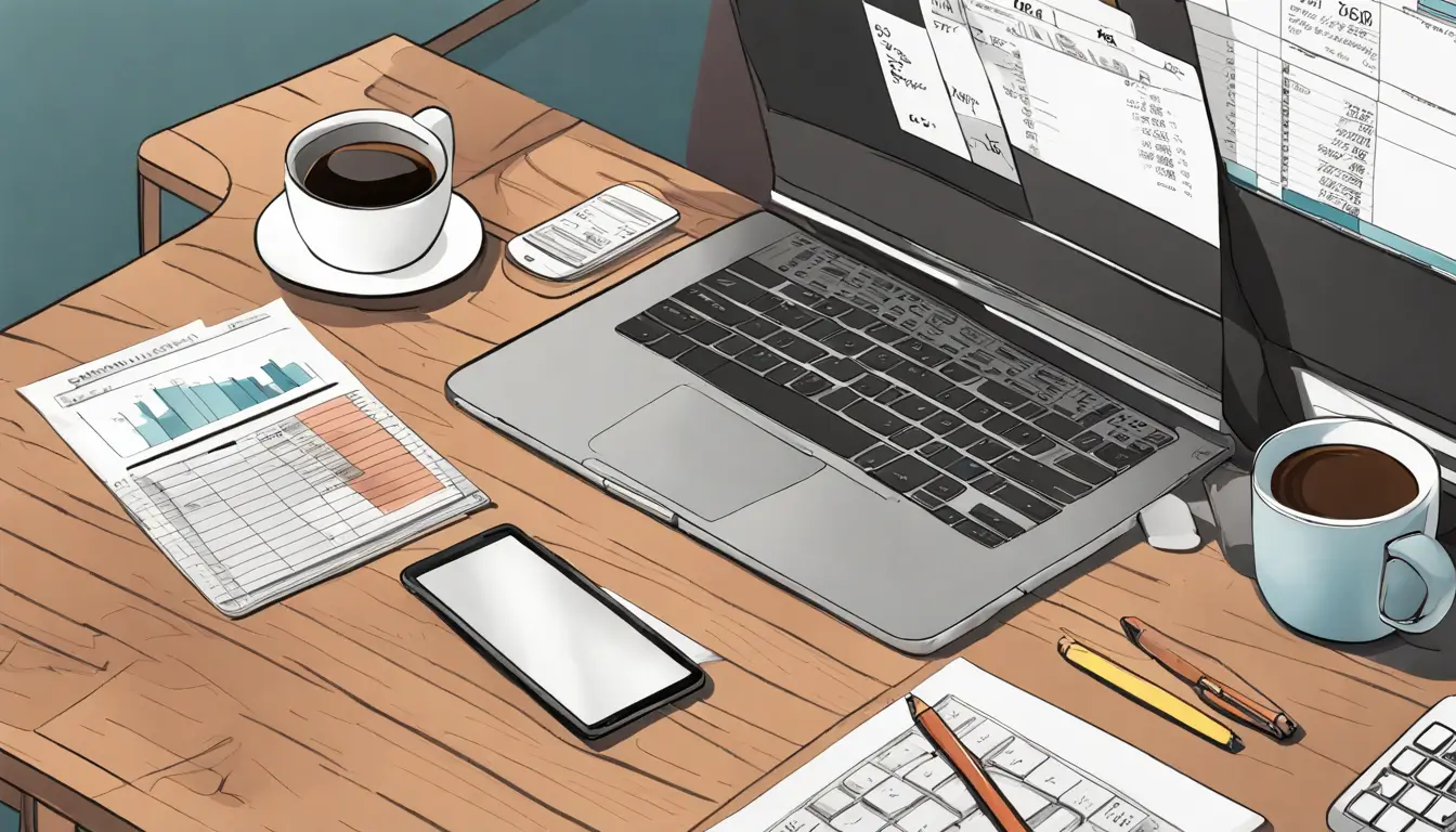 Laptop prateado exibindo template de gestão financeira no Notion sobre uma mesa de madeira, acompanhado de calculadora e xícara de café.