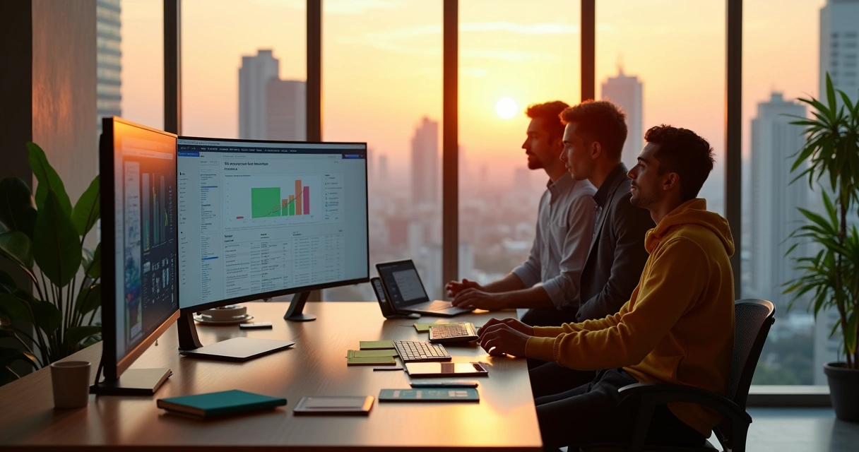 Equipe de startup brasileira colaborando em painéis digitais com dashboards de gestão