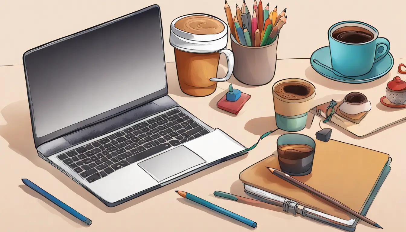 Mesa de escritório organizada com laptop exibindo Notion, xícara de café, caderno, caneta e relógio de parede, ilustrando o uso do método GTD.