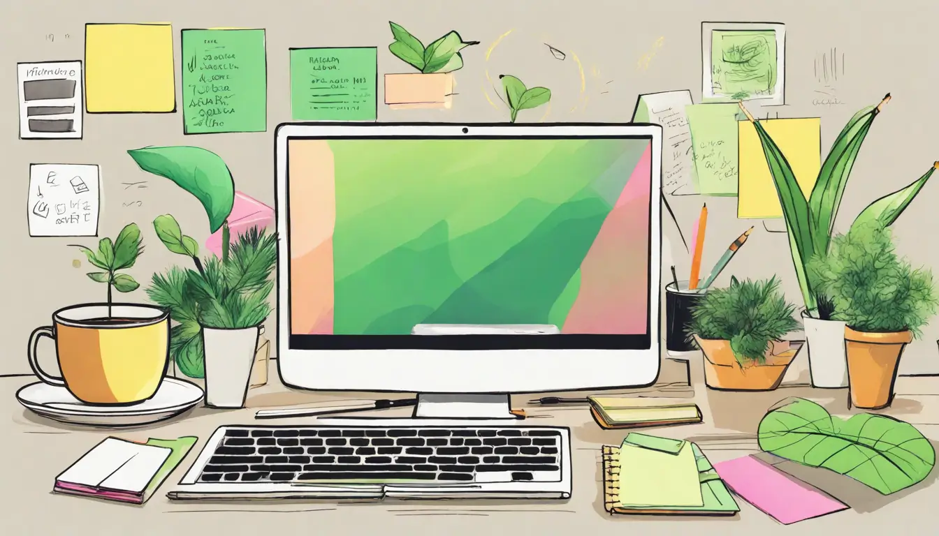 Imagem de uma mesa de escritório organizada com um laptop mostrando o Notion, anotações, caderno, xícara de café e planta verde ao fundo.