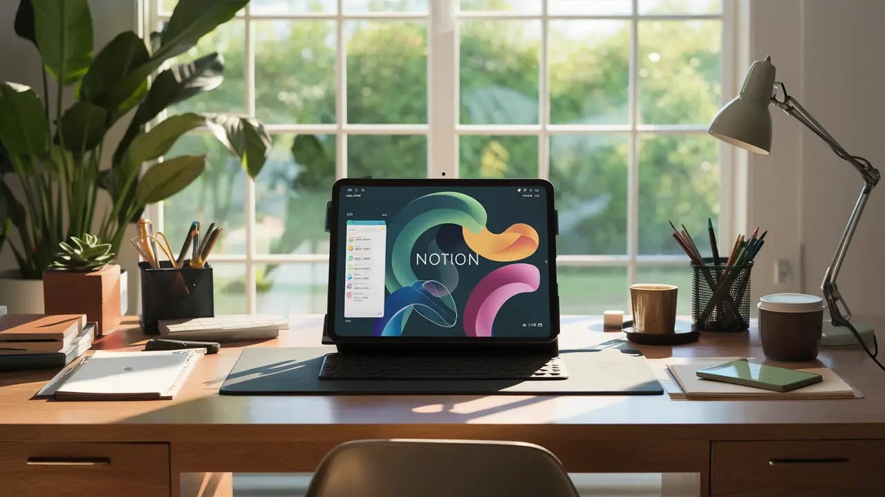 Tablet mostrando interface do Notion em uma mesa de escritório com materiais de papelaria, planta e xícara de café.