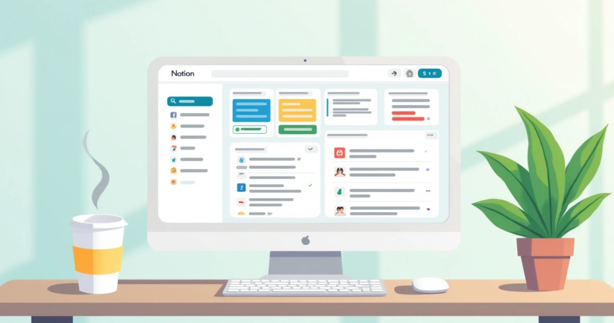 Tela do Notion organizada com notas e tarefas em um ambiente de trabalho claro.