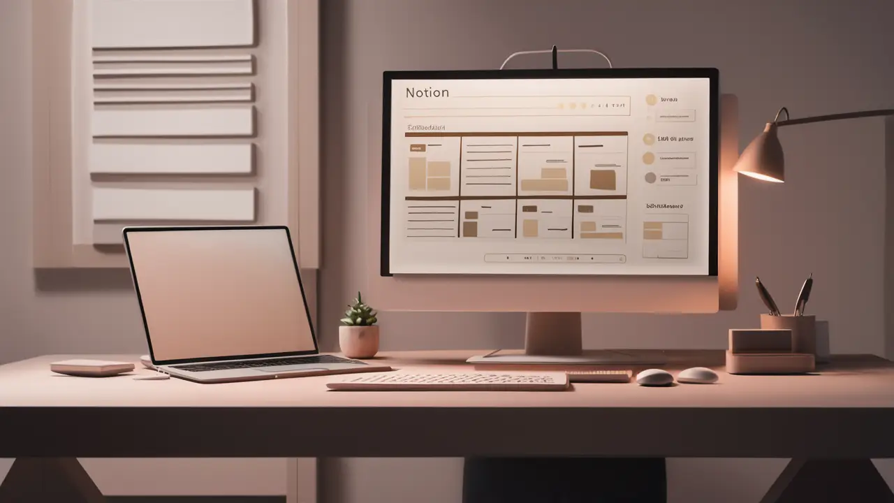 Tela de computador mostrando um template do Notion em uma mesa minimalista com planta e laptop fechado.