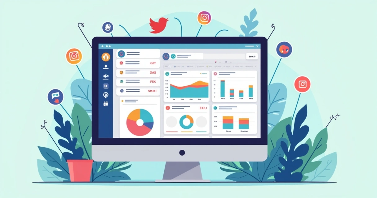 Ilustração corporativa flat mostrando tela de computador com template Notion aberto, planejando postagens para redes sociais, ícones de calendário, gráficos de engajamento e símbolos de rede social ao