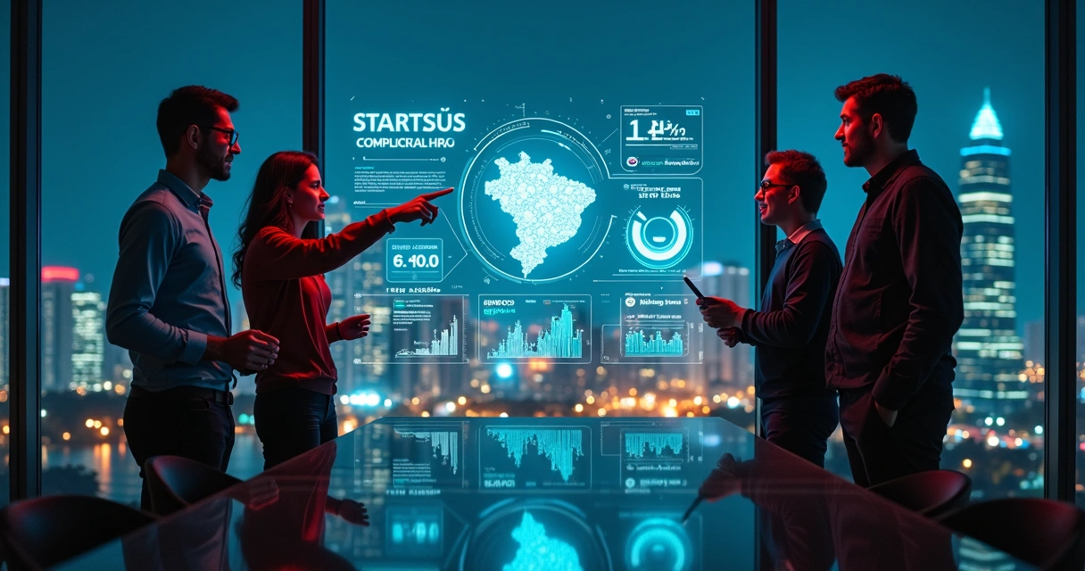 Fundadores de startup analisando dados de crescimento em painel digital futurista