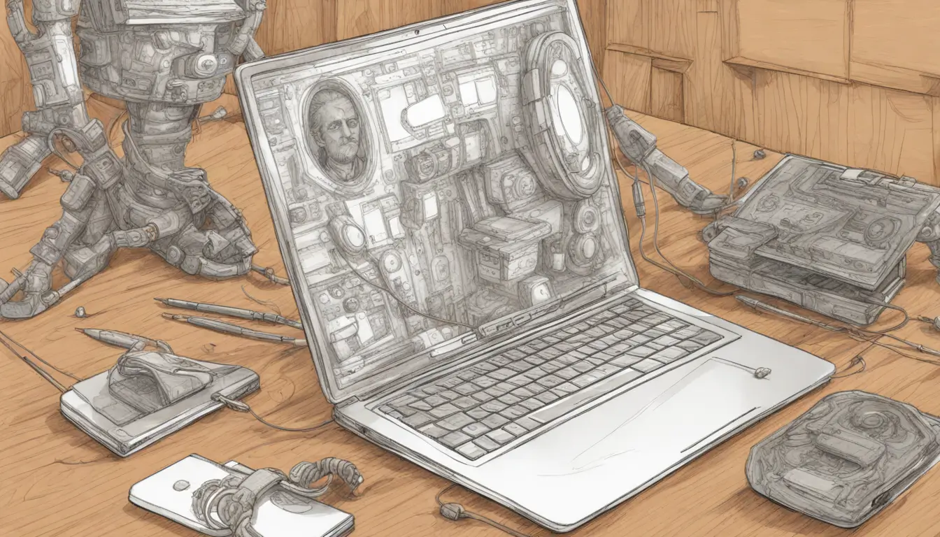 Ilustração de um laptop com o Notion aberto, um robô e um relógio grande, simbolizando a automação de processos no Notion para ganhar tempo.