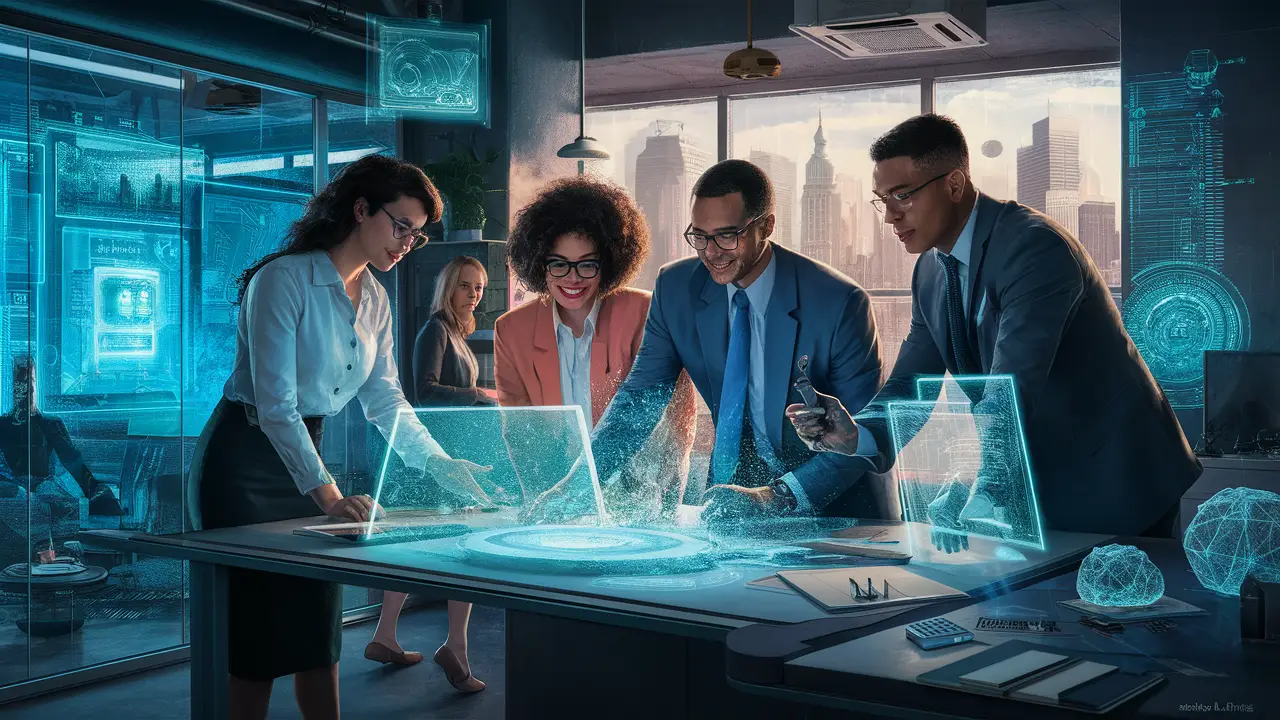 Profissionais colaborando em um espaço de trabalho futurista com hologramas e esboços digitais ao fundo.