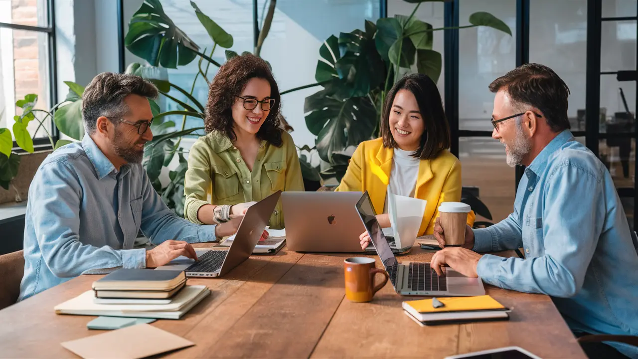 Pessoas trabalhando em equipe em uma mesa com laptops, cadernos e canecas, em um escritório moderno e iluminado.