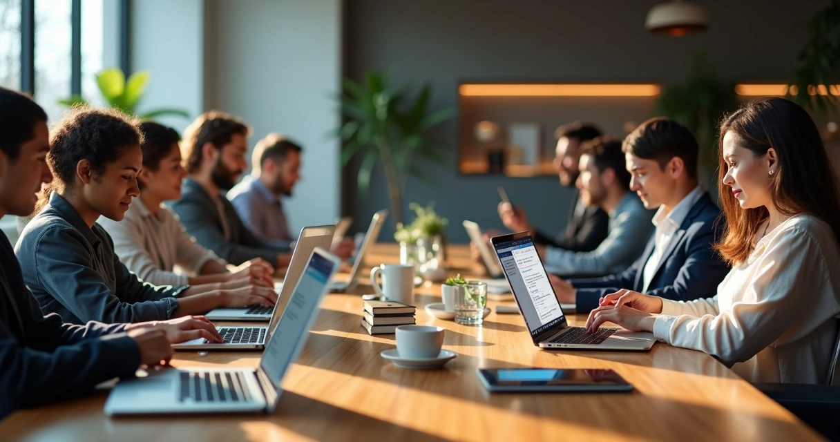 Equipe colaborando em escritório moderno com laptops offline e interface Notion em telas