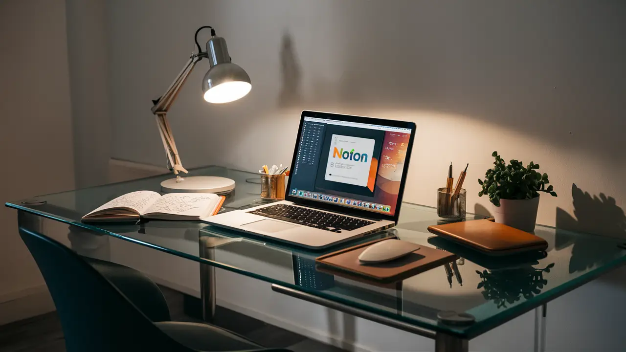 Área de trabalho organizada com laptop exibindo Notion, caderno aberto e planta em um ambiente minimalista.