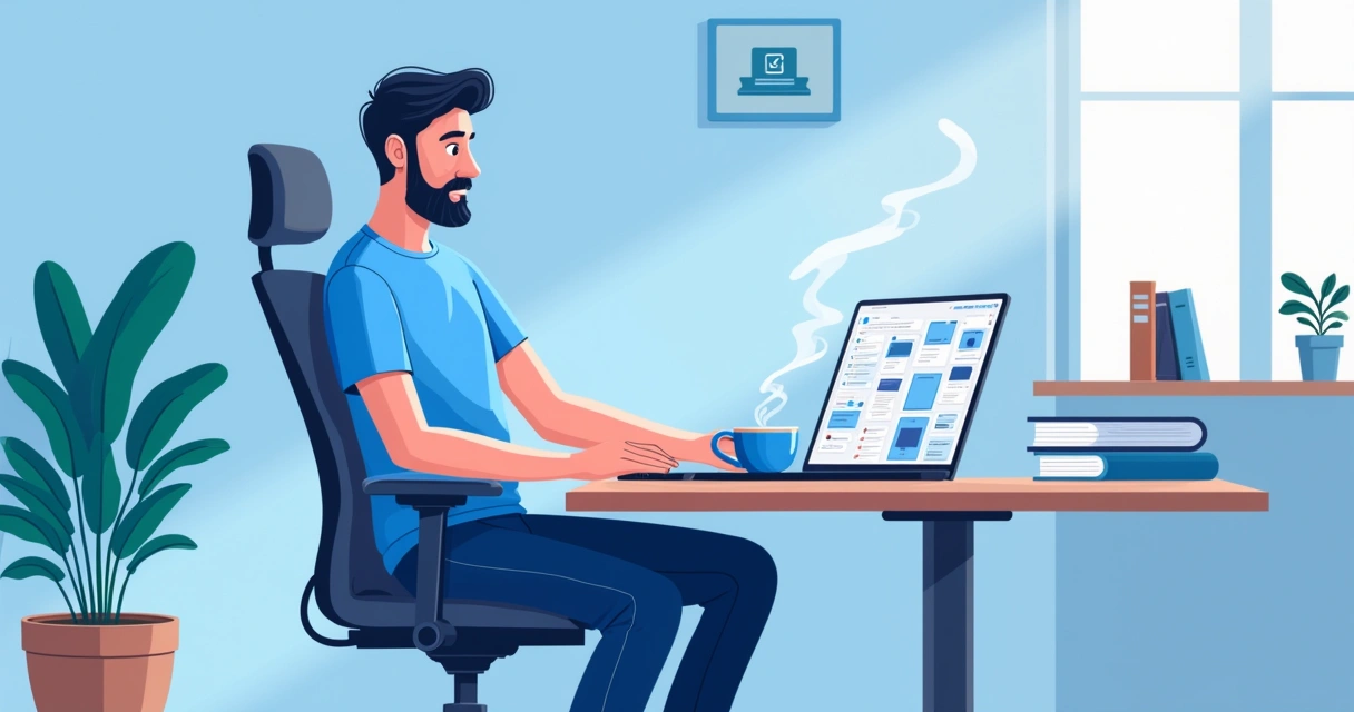 Usuário do Notion trabalhando em ambiente moderno, com laptop aberto e itens de escritório organizados.