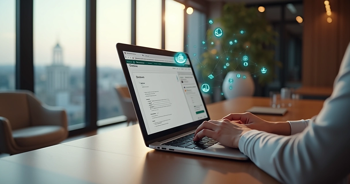 Usuário trabalhando no Notion em modo offline em laptop moderno, mesa elegante com elementos digitais ao redor