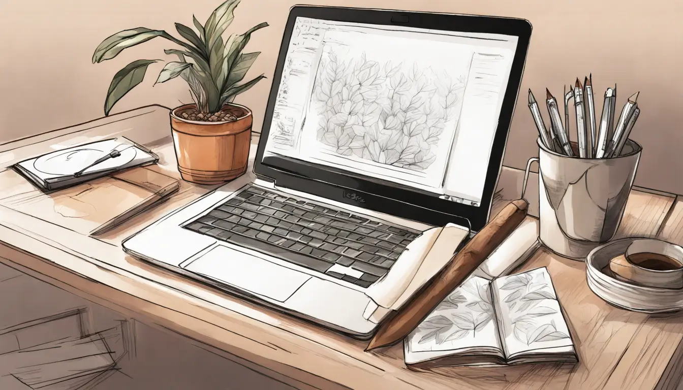 Imagem de uma mesa de escritório organizada com laptop mostrando a interface do Notion, bloco de notas, xícara de café, caneta e planta ao fundo.