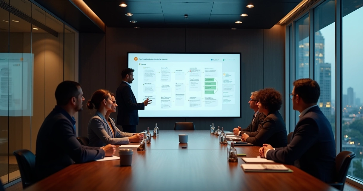 Consultor apresenta transformação empresarial em tela grande com painel Notion ao fundo