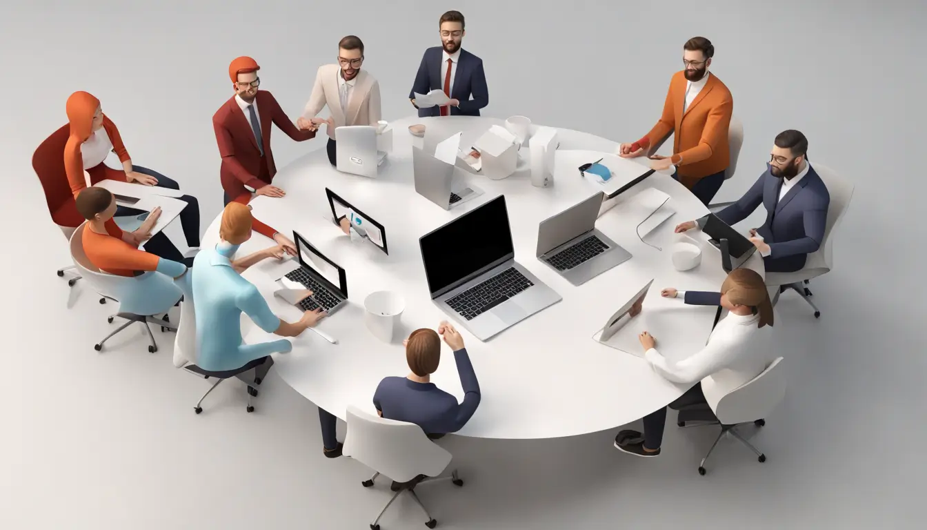 Equipe colaborativa trabalhando com ferramentas do Notion em uma sala de escritório moderna, simbolizando sinergia organizacional.