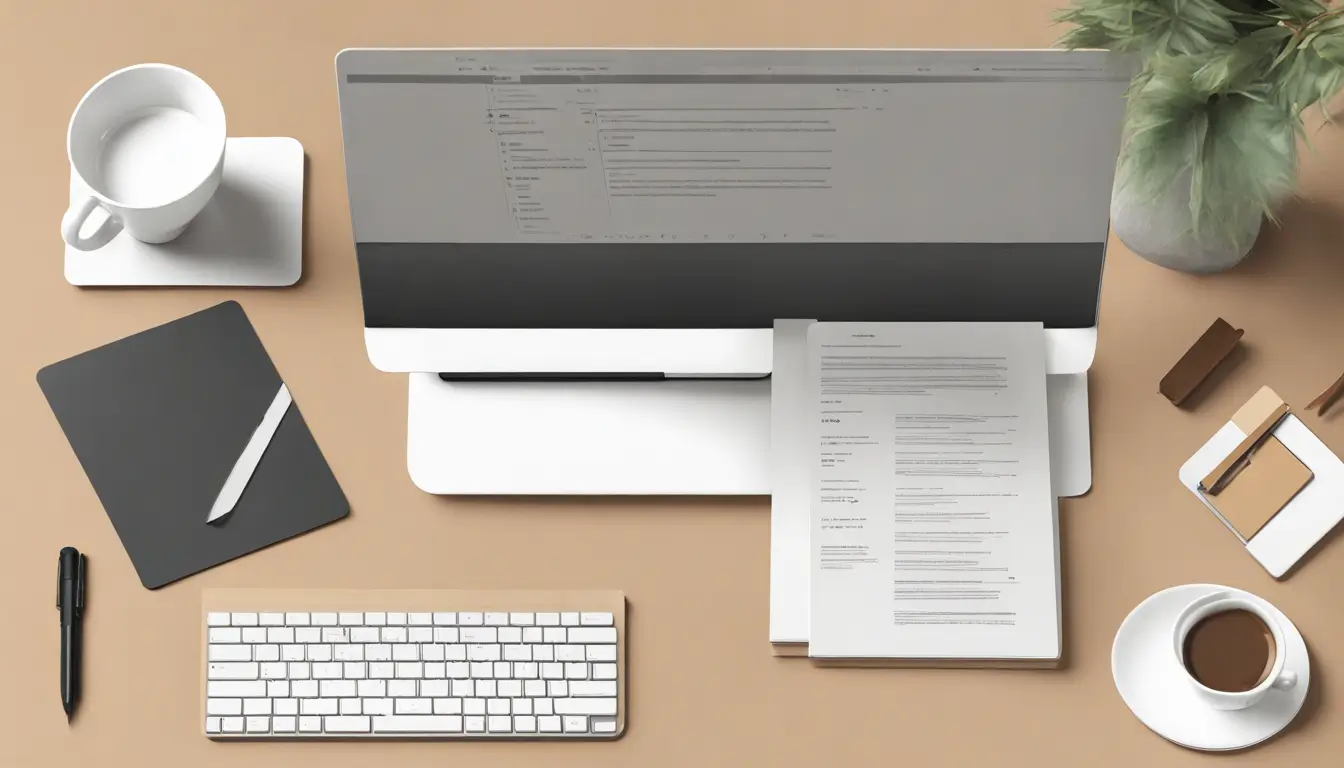 Interface do Notion com templates personalizados em um monitor de computador, elementos de escritório que otimizam resultados, ideal para blog sobre produtividade.