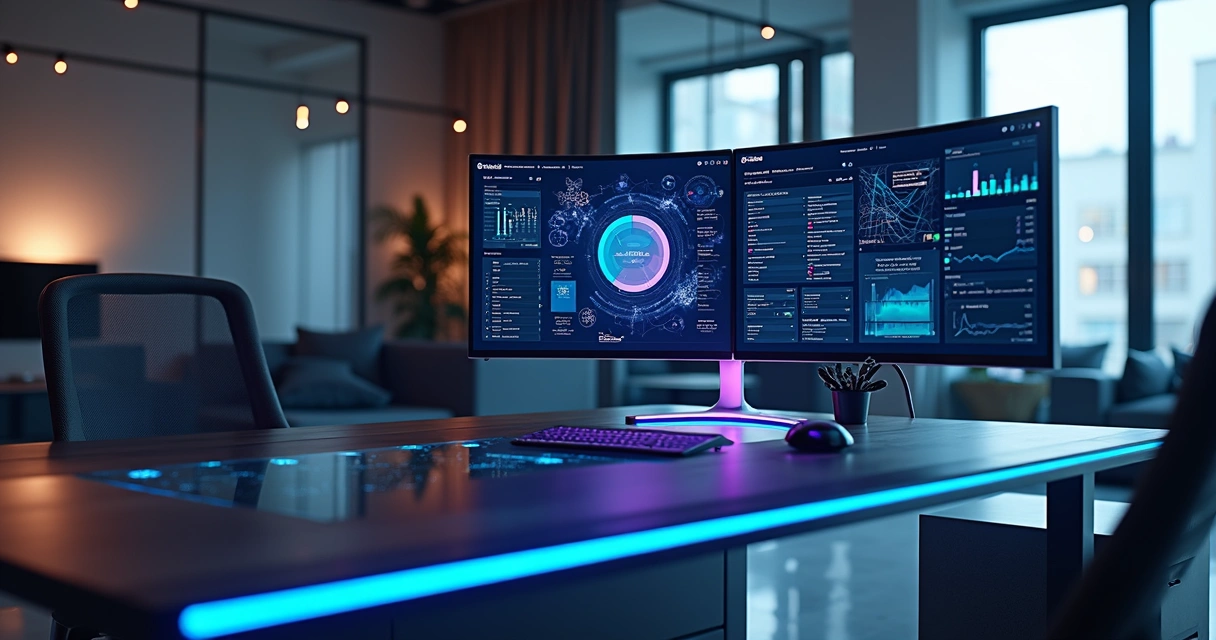 Monitor mostrando painéis integrados do Notion e N8N em ambiente de escritório moderno