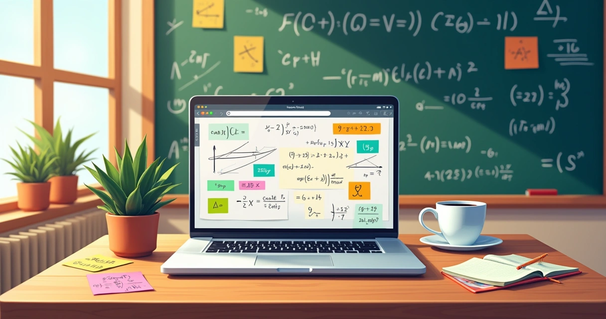 Workspace with Notion open to equations, coffee cup, and warm lighting on a wooden desk.