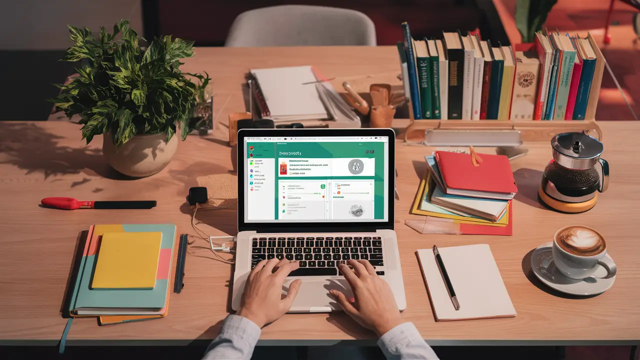 Ambiente de trabalho com laptop aberto no Notion, cadernos, canetas, café e prateleiras com livros e planta.