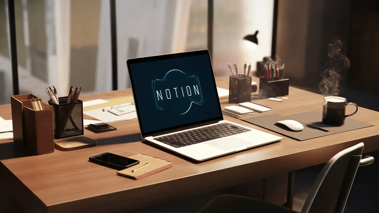 Área de trabalho moderna com laptop exibindo o logotipo do Notion, rodeado por materiais de escritório e uma caneca de café.