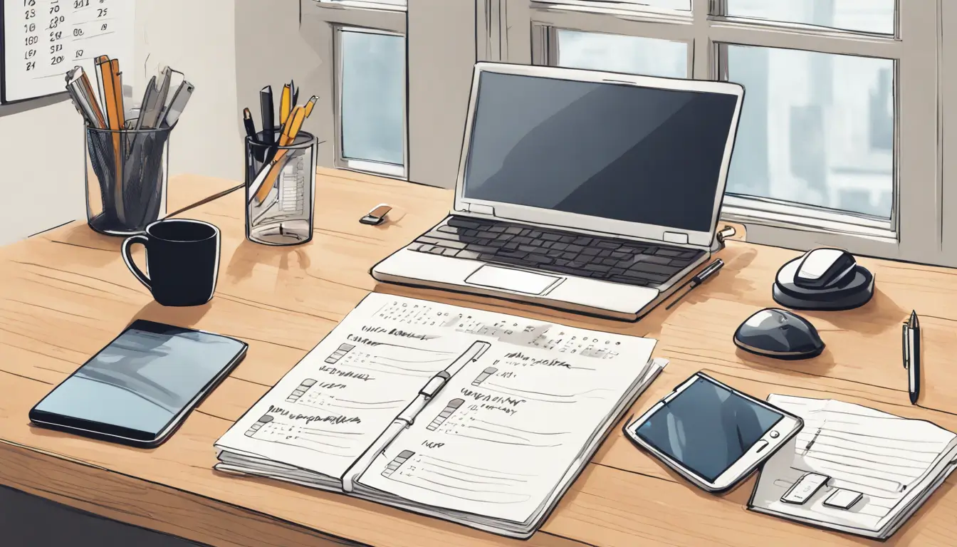 Escritório moderno e organizado com laptop mostrando aplicativo de calendário, smartphone com contatos, caneta elegante e pastas organizadas.